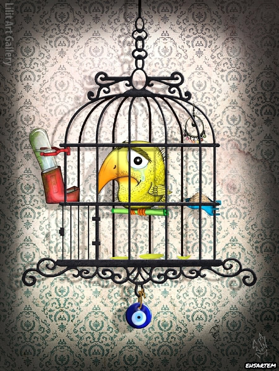 تابلو نقاشی پرندهٔ قفسی