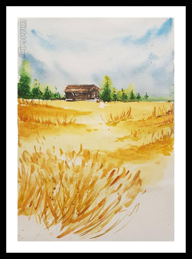 تابلو نقاشی کلبه‌ای در گندم‌زار