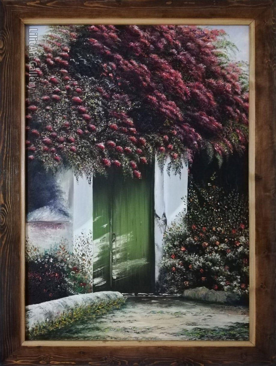 تابلو نقاشی درب قدیمی باغ گل‌ها