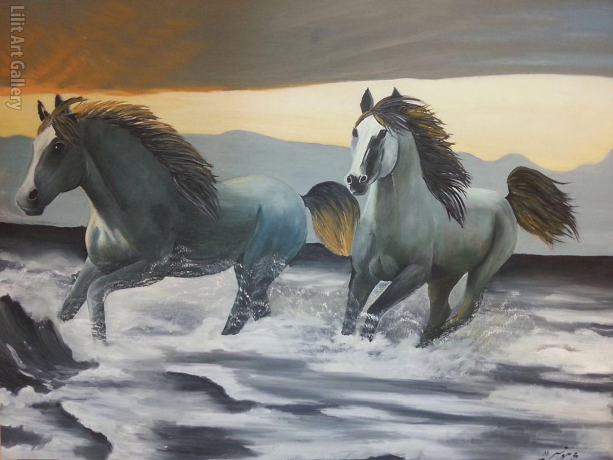 تابلو نقاشی اسب‌ها در ساحل