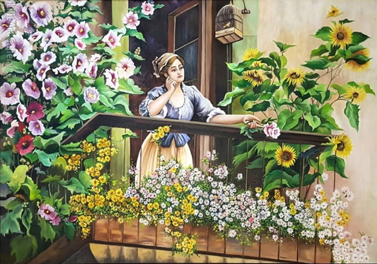 تابلو نقاشی دختری در بالکن