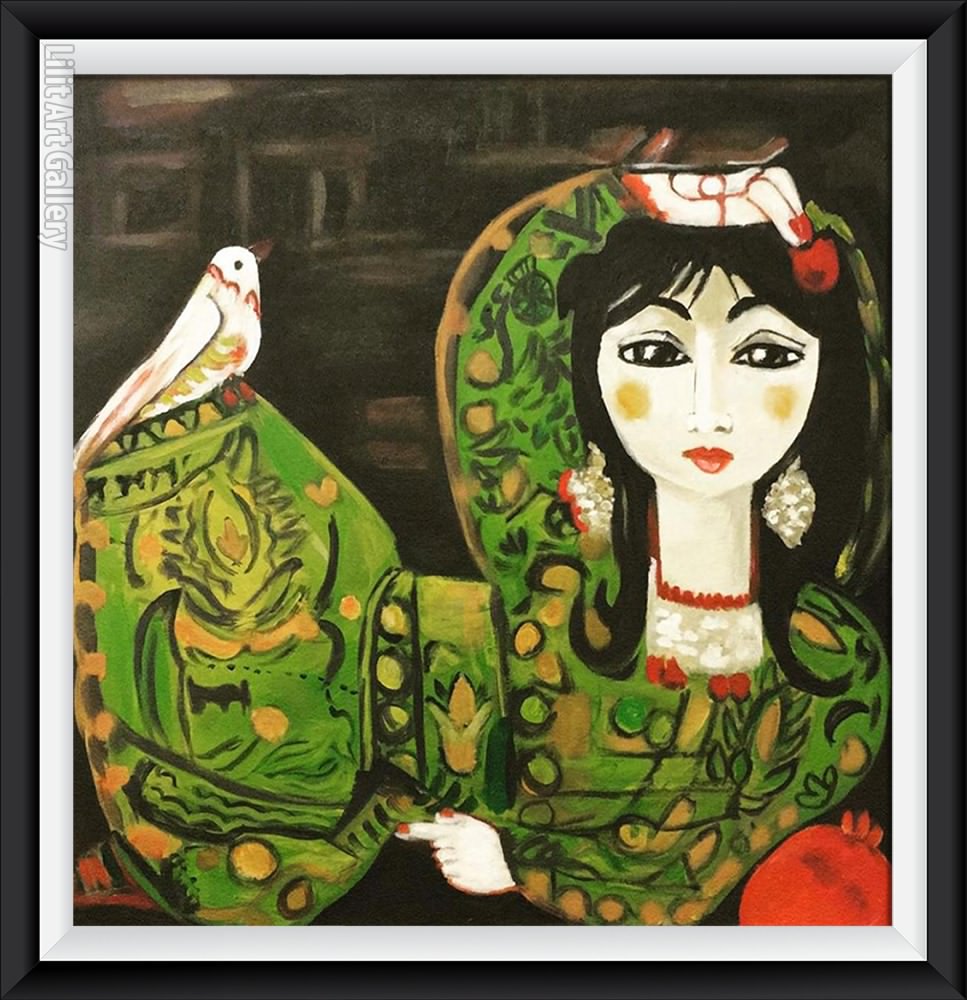 تابلو نقاشی دختر اعیان و کبوتر سفید
