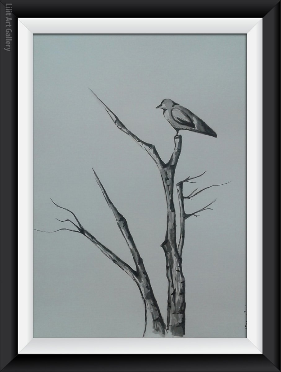تابلو نقاشی یک پرنده روی شاخه خشکیده درخت