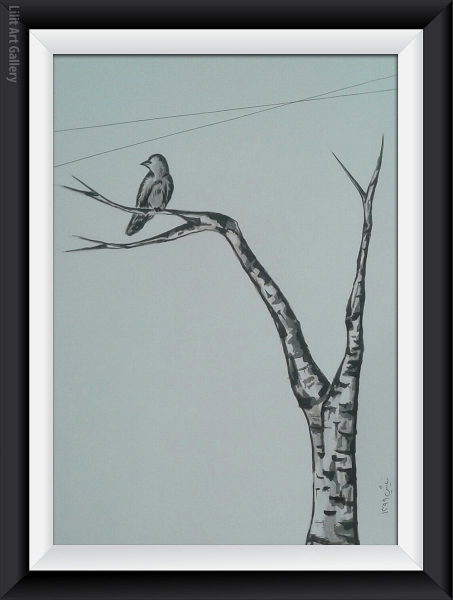تابلو نقاشی پرنده‌ای روی شاخه درخت و سیم‌های برق