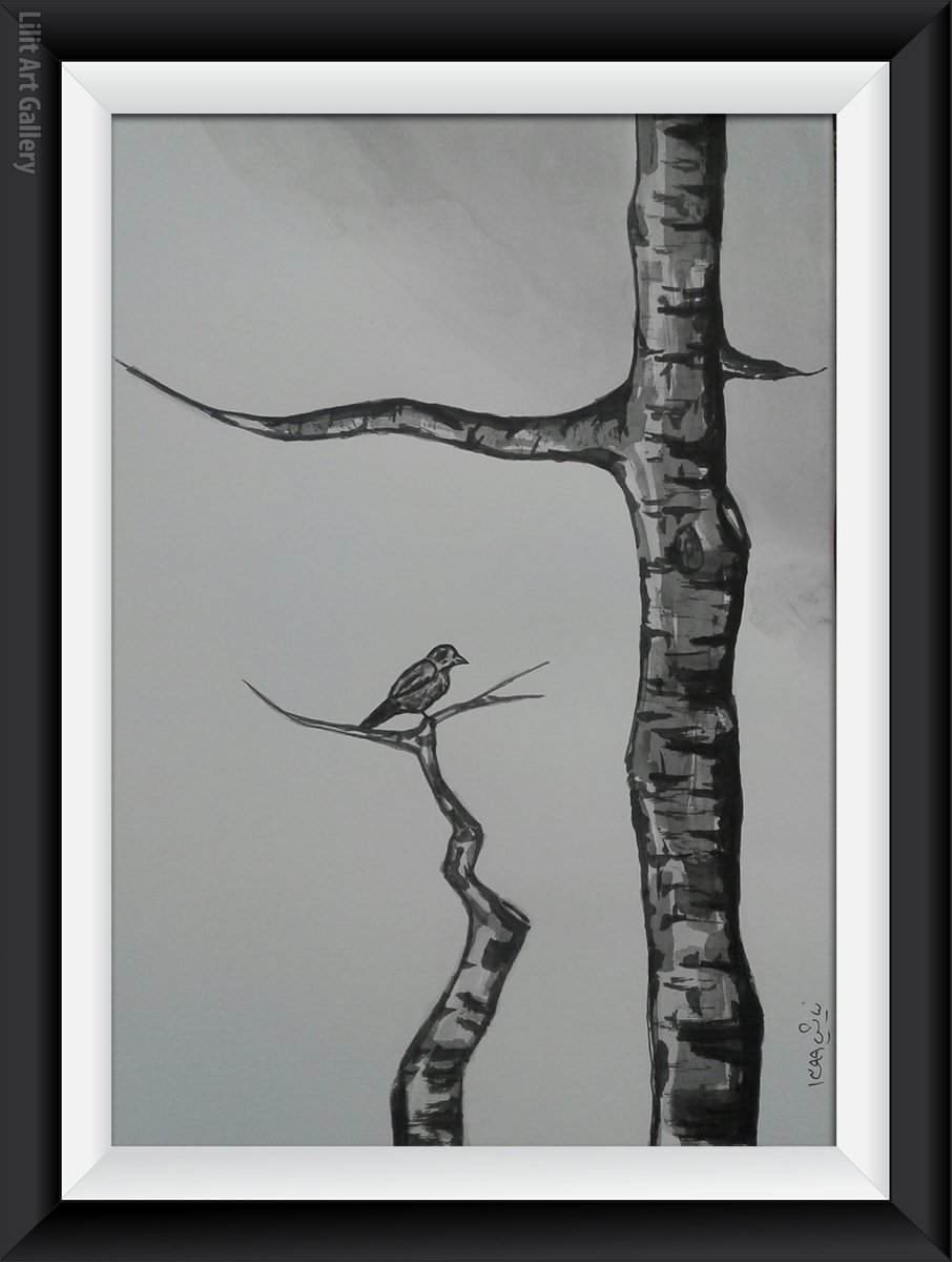 تابلو نقاشی یک پرنده تنها روی درخت خشکیده