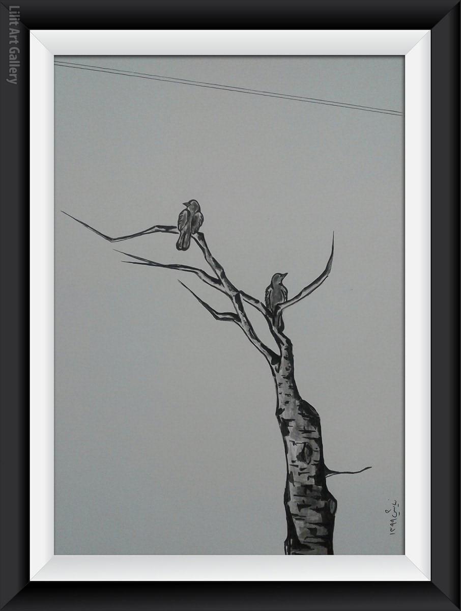 تابلو نقاشی دو پرنده روی شاخه‌های خشکیده درخت
