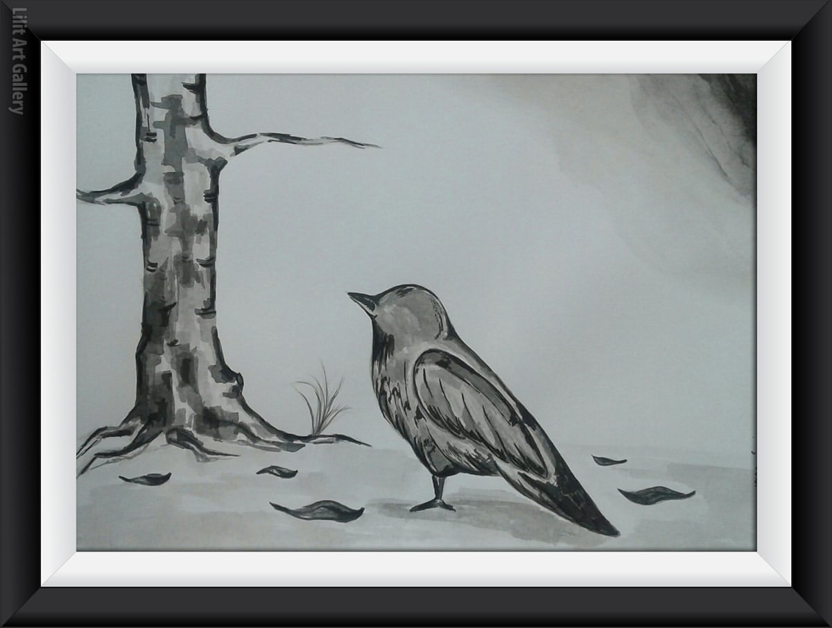 تابلو نقاشی یک پرنده روی زمین کنار برگ‌های خشکیده