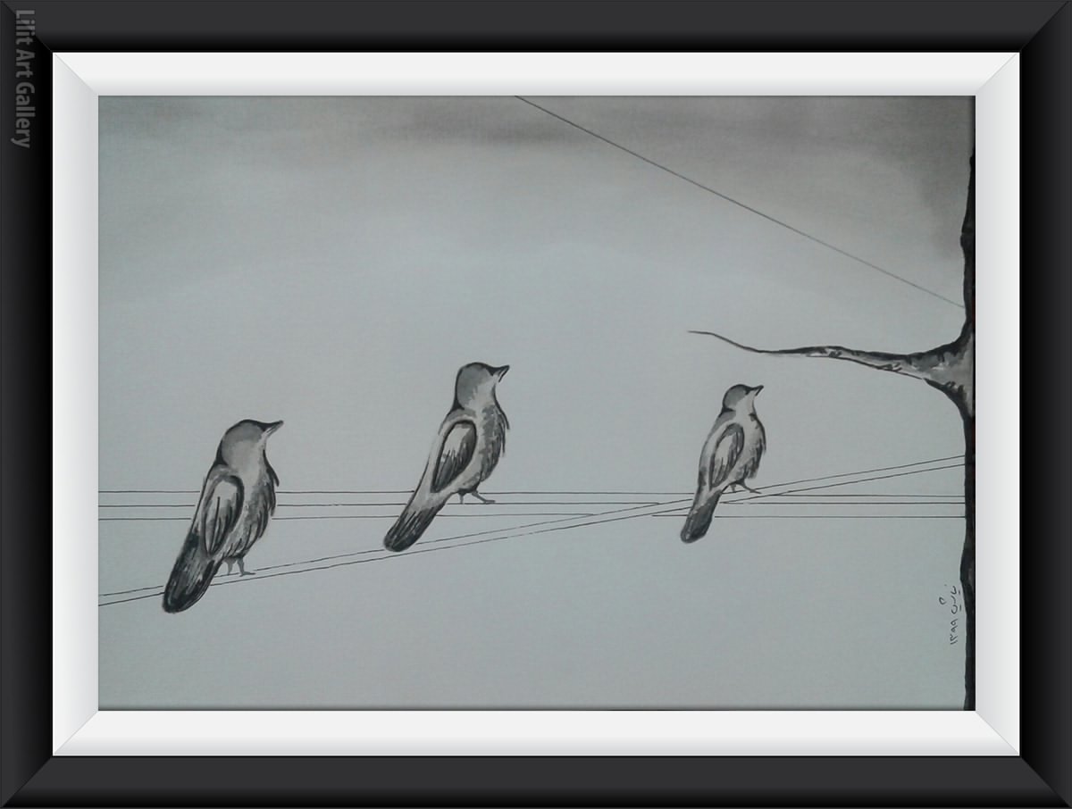 تابلو نقاشی پرندگان نشسته روی کابل‌های برق و نگاه به آسمان