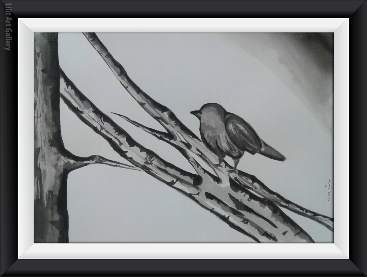 تابلو نقاشی پرنده تنهای کوچک روی شاخه‌های خشک