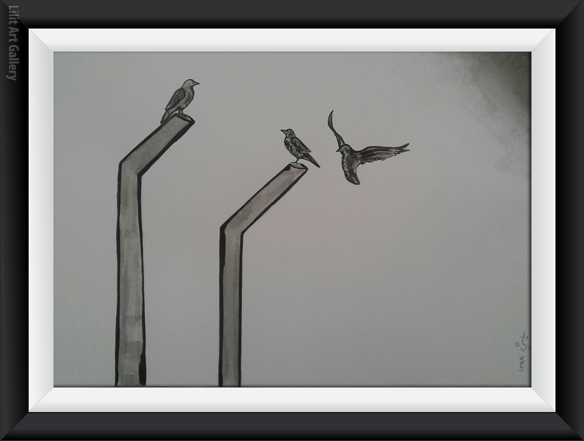 تابلو نقاشی ملحق شدن به دو پرنده دیگر روی میله‌های حصار