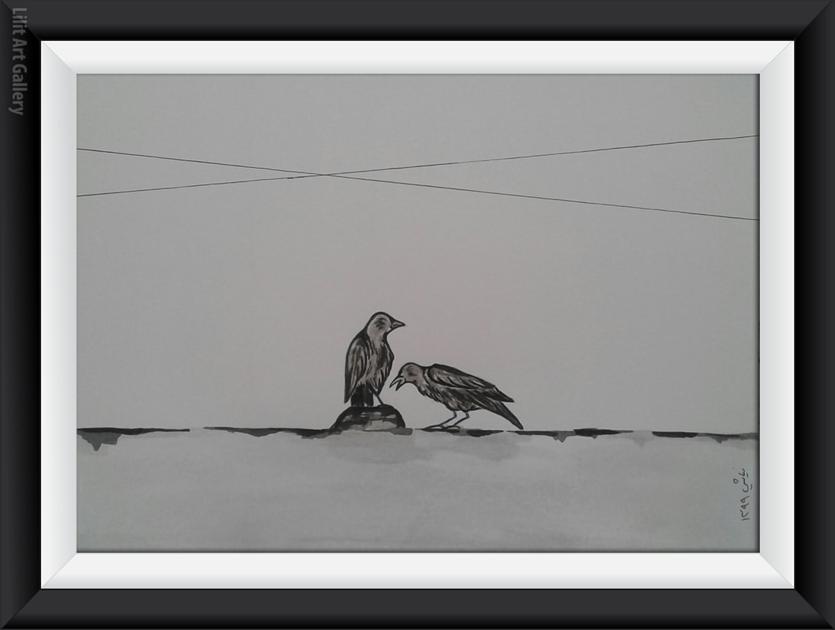 تابلو نقاشی دو پرنده نشسته با جایگاه متفاوت